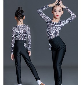 Girls kids black with white zebra striped latin dance costumes modern salsa chacha ballroom latin dance gown tops and pants for girls